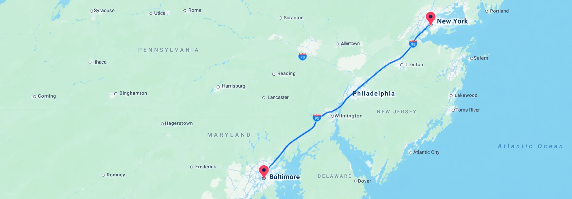 Map showing the BBBUS bus route from Baltimore, Maryland to New York City
